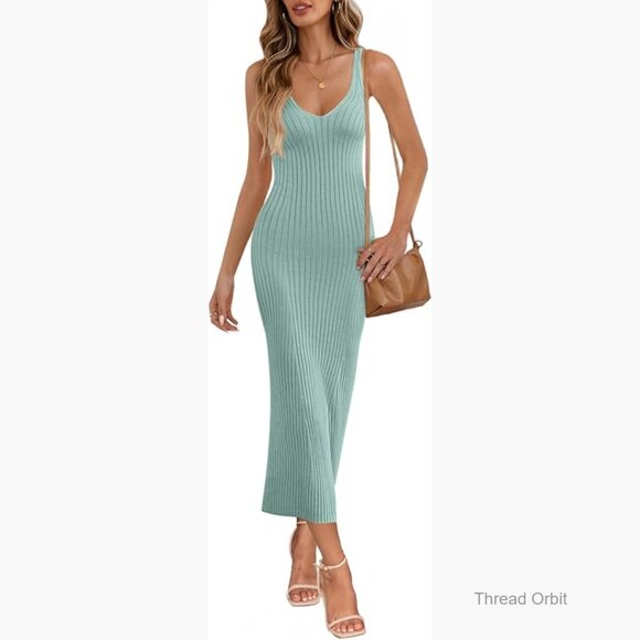 Dresses & Skirts - Midi Dress V-Neck Sleeveless Ribbed Knit Bodycon Casual Summer Beach
